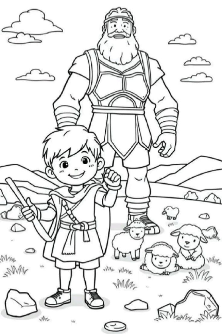 Desenho Bíblico para colorir, Davi e Golias