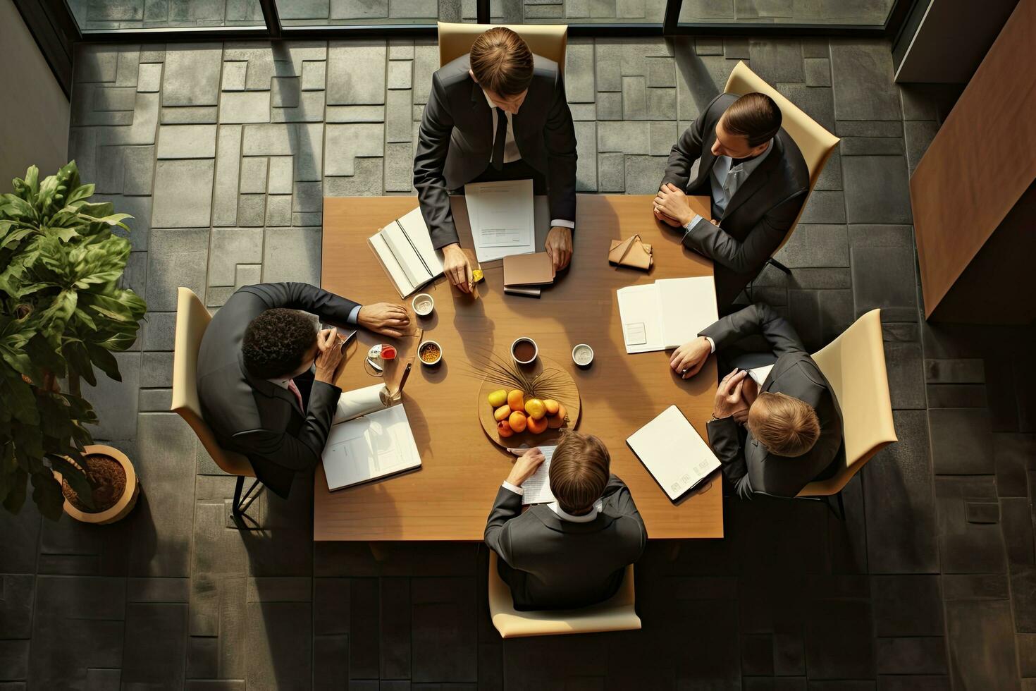 27833371-topo-visao-do-o-negocio-pessoas-sentado-as-mesa-e-trabalhando-juntos-dentro-escritorio-o-negocio-encontro-em-uma-trabalhando-mesa-topo-visualizar-nao-visivel-rostos-ai-gerado-gratis-foto